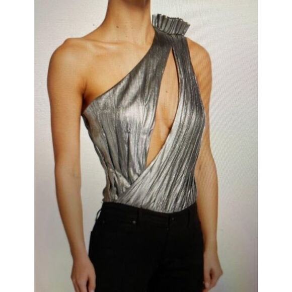 Retrofete Silver Cassie Lame One Shoulder Bodysuit Size M NWT - Picture 11 of 11